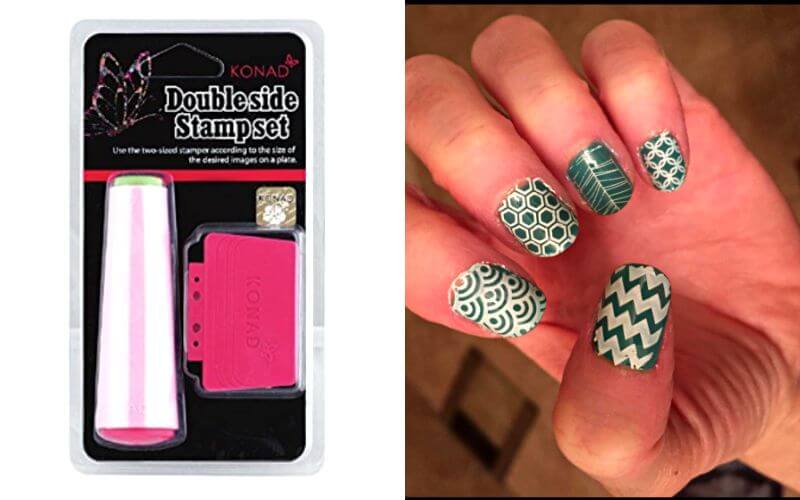a side-by-side image of Konad Nail Art Double-Ended Stamper and nails with design