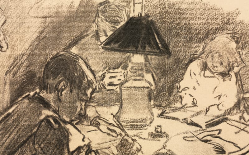  a charcoal drawing of a family studying on a table around a lamp