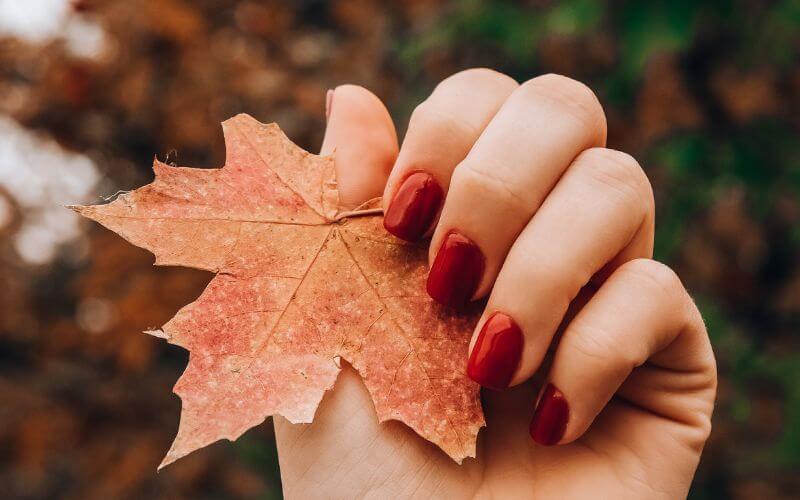 fall leaf in hand with red polish