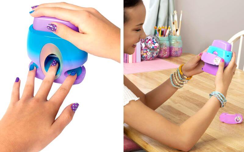 nails with design and a girl holding a machine stamper