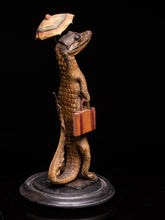 Lade das Bild in den Galerie-Viewer, Small Alligator with Umbrella and Travel Case under a Glass dome on an ebonised base.
