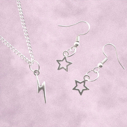 celestial jewellery lightning bolt star charm y2k discount astrology zodiac jewellery unique silver plated jewellery uk unisex jewellery gothic alt indie fashion accessories fine silver jewellery affordable cheap jewellery uk best jewellery brand uk charm necklace dangly earrings