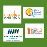 logos for Feeding America, World Central Kitchen, Meals of Wheels and No Kid Hungry