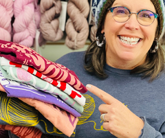 Andrea and a variety of Terrific T-Shirts from Apple Yarns