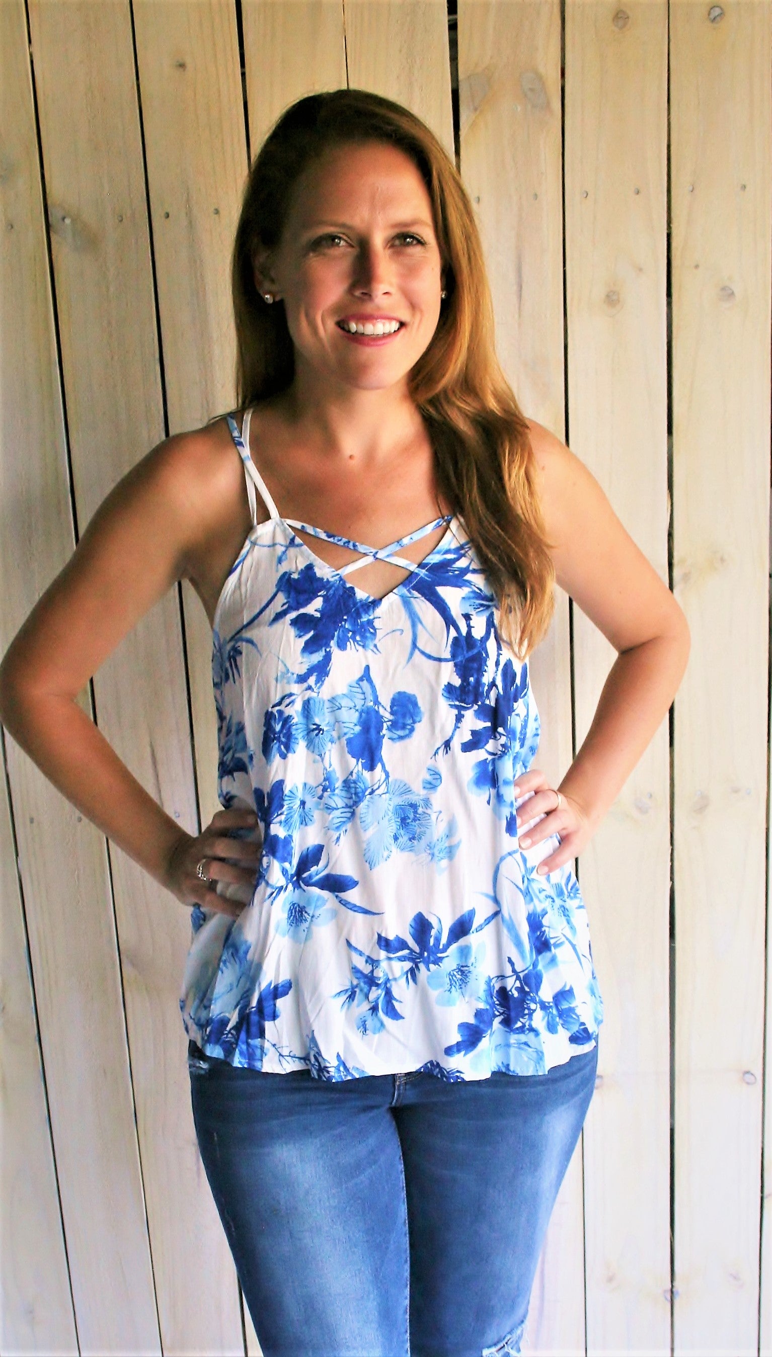 Royal Blue & White Floral Print Tank with Cut Out Back – Midnight ...
