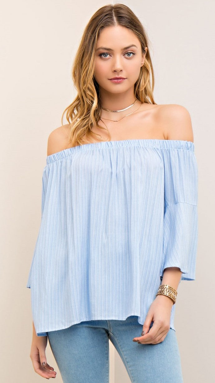 Light Blue & White Pin Stripe Off Shoulder Top – Midnight Magnolia Boutique