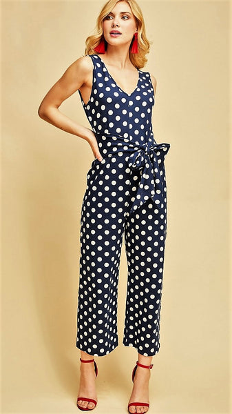 Navy & White Polka-Dot Jumpsuit with Self-Tie – Midnight Magnolia Boutique
