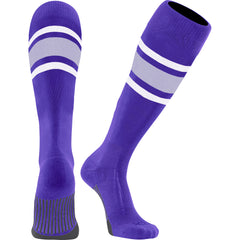 purple and grey striped baseball socks