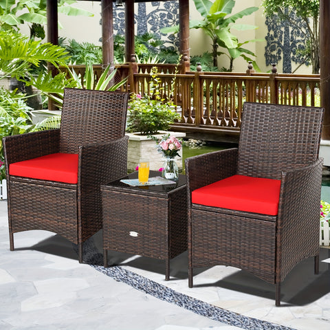 3 Pcs Rattan Outdoor  Furniture Set with Red Cushion & Glass Table