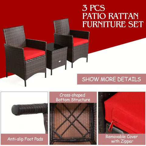 3 Pcs Rattan Outdoor  Furniture Set with Red Cushion