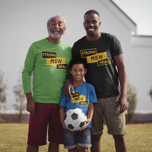 a grandfather, son and grandson standing together wearing Strong Men Heal t-shirts