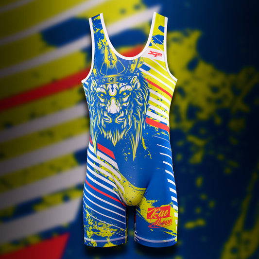 Bullseye Gear wrestling singlets, black camo & light blue, sizes S