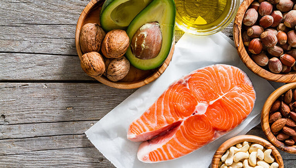 Fatty foods of walnuts, oil, salmon and avocados