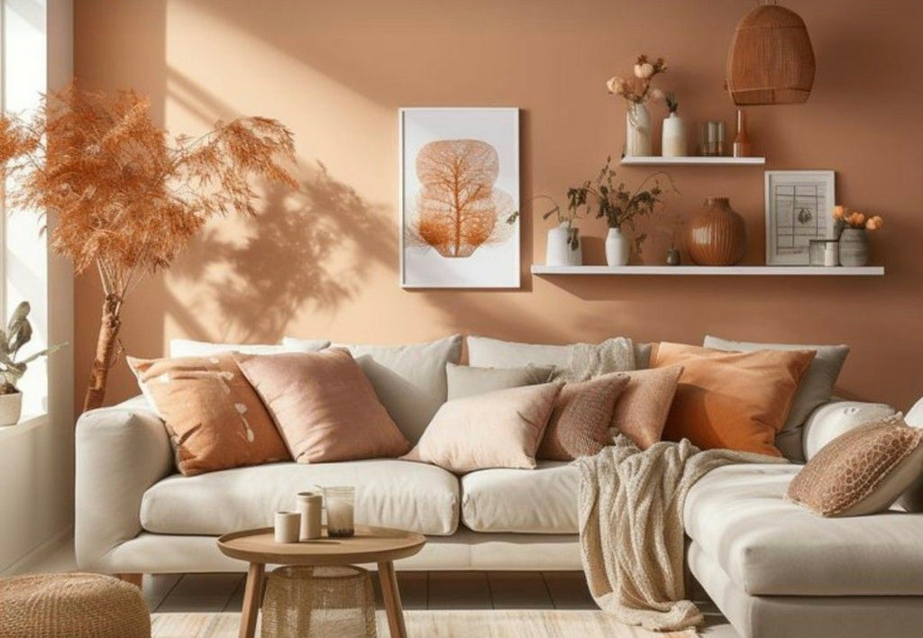 Salon tendance, chaleureux et invitant, dans les teintes de beige et terracotta.