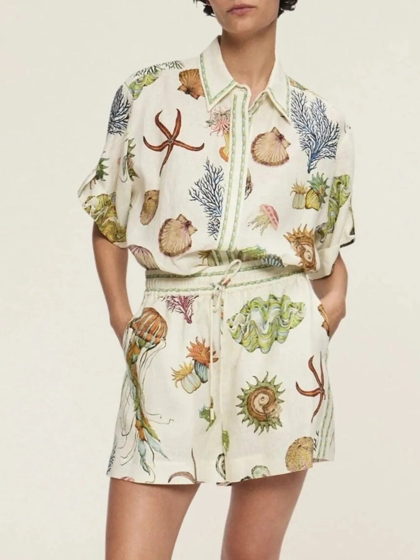 Printed Button Up Shirt and Shorts Set
