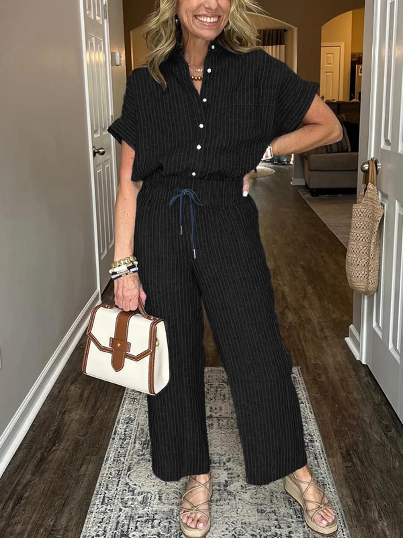 Full Size Button-Up Shirt and Wide-Leg Pants Set Plus Size