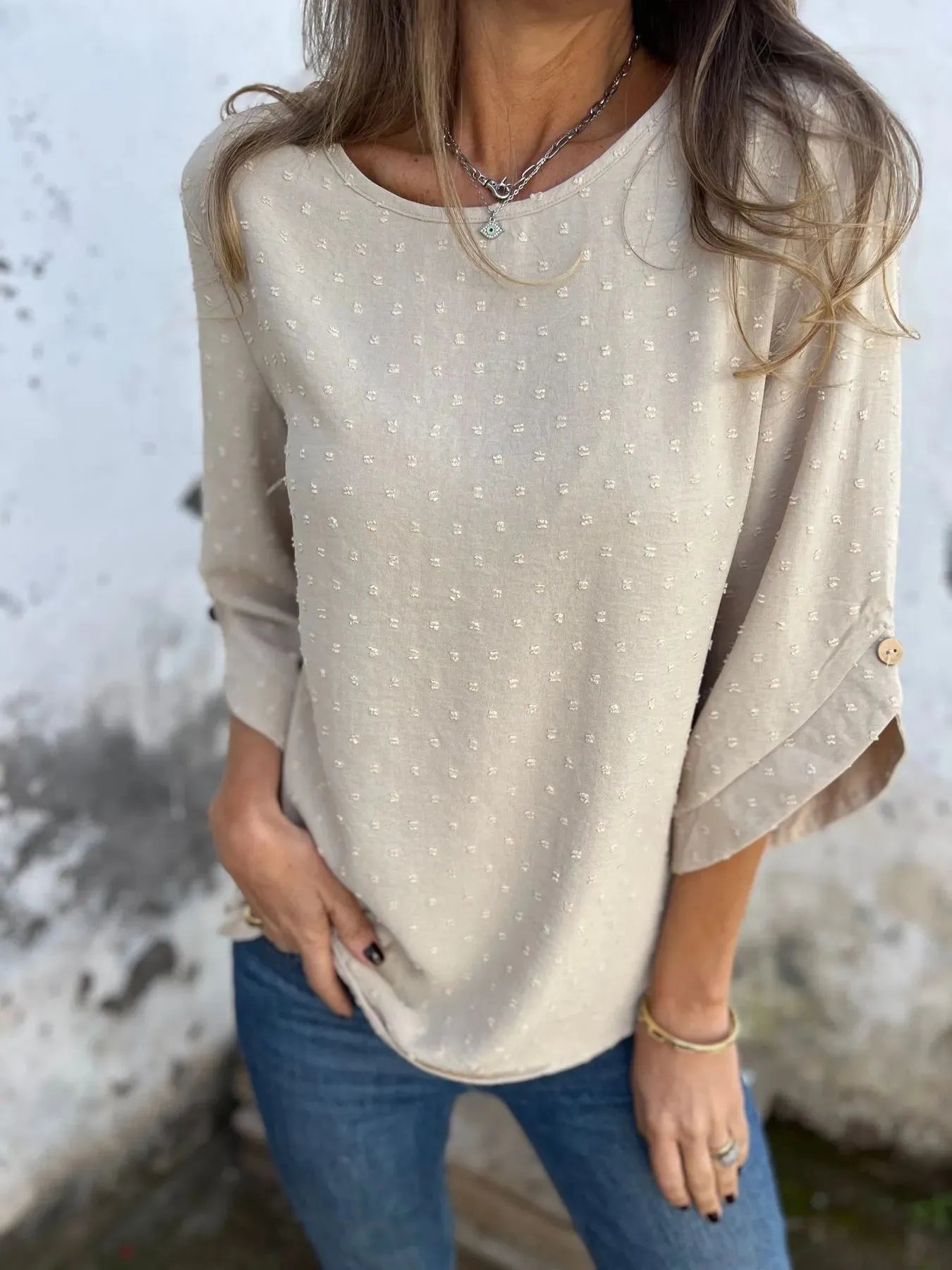Full Size Swiss Dot Textured Roll-Sleeve Blouse Full Size