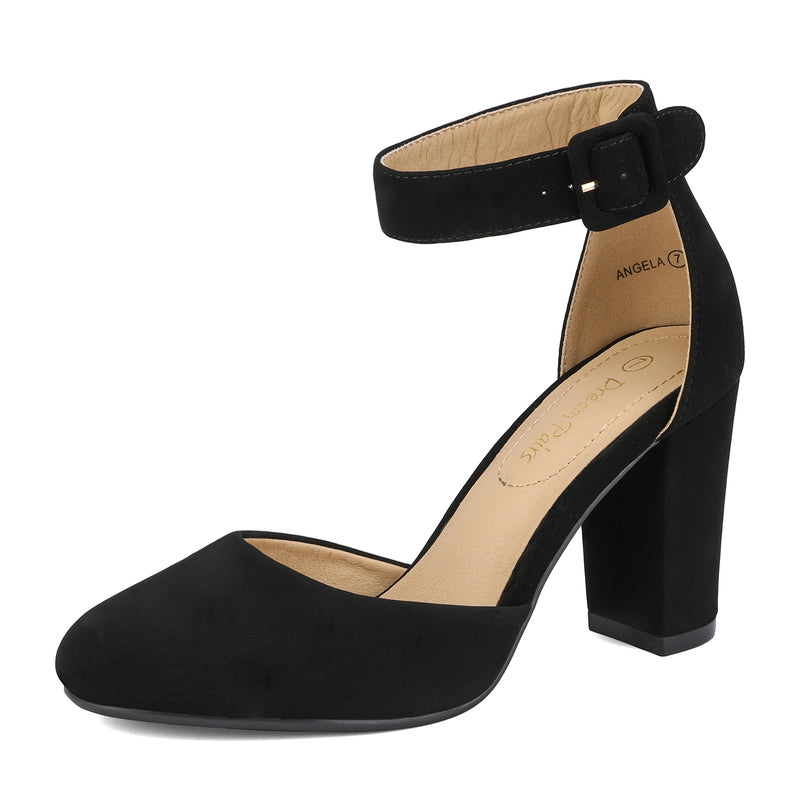 Round Toe Chunky Heel Pumps | Ankle Strap Pumps-Dream Pairs