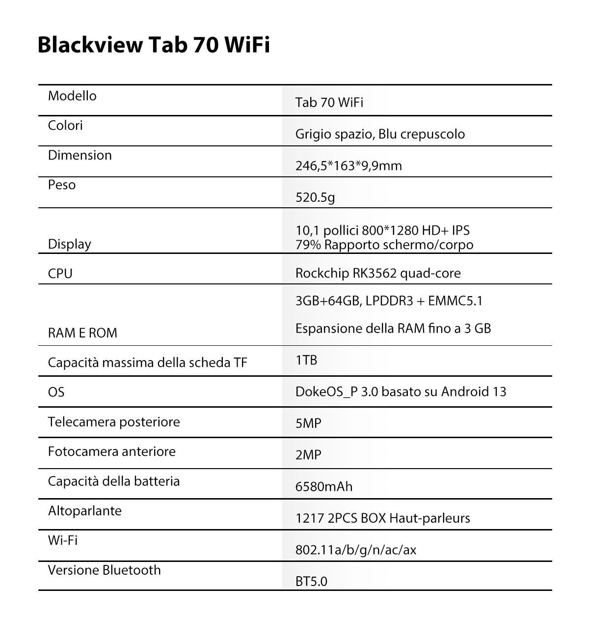 Blackview Tab 70 WIFI Italian description