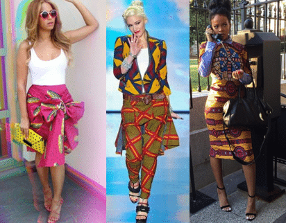 Celebrities Beyonce, Gwen Stephanie, and Rihanna rocking in African Print