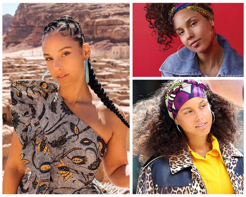 Alicia Keys in an Ankra top, her with minimal makeup donning African print headwraps