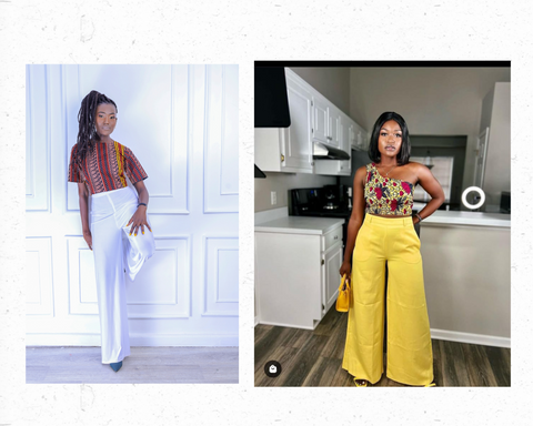 Two beautiful African women wearing African Print crop top with high-waisted loose pants fit for the office