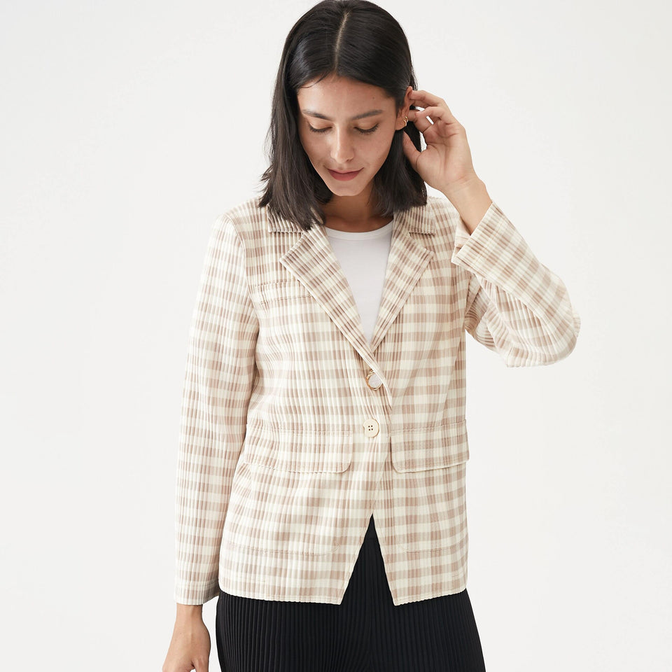 pleated plaid blazer women 2021 spring casual Office Lady jacket Korean fashion cotton button coat Vintage clothes (Beige One Size) | akolzol