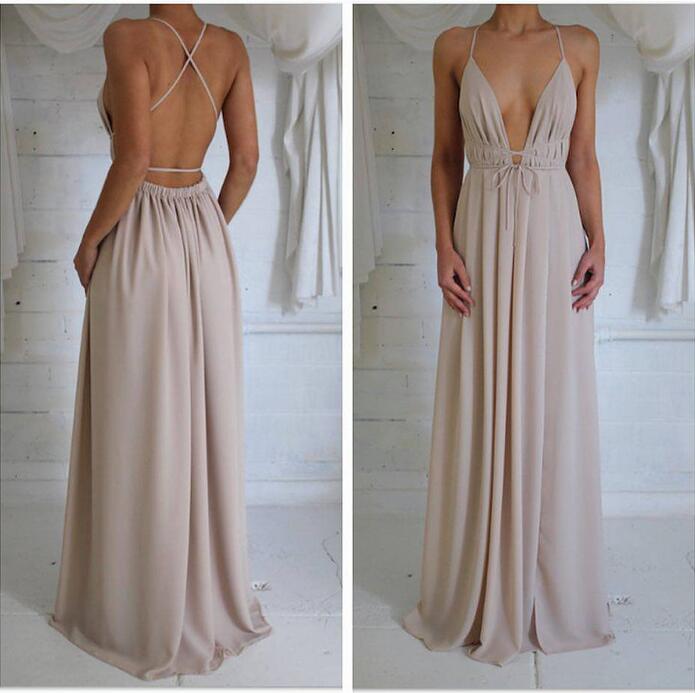 Nude low-back with elastic waistband Prom Dress cross-over straps Evening Gowns