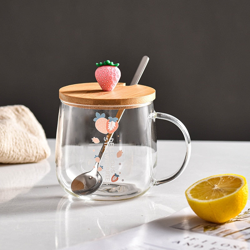 Kawaii Strawberry Glass Mug With Straw Creative High Temperature Resistance  Clear Glass Water Cup Household Milk Juice Cups