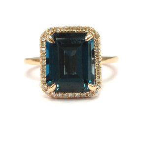 Emerald Cut London Blue Topaz Engagement Ring Pave Diamond Halo 14K Rose Gold 8x10mm