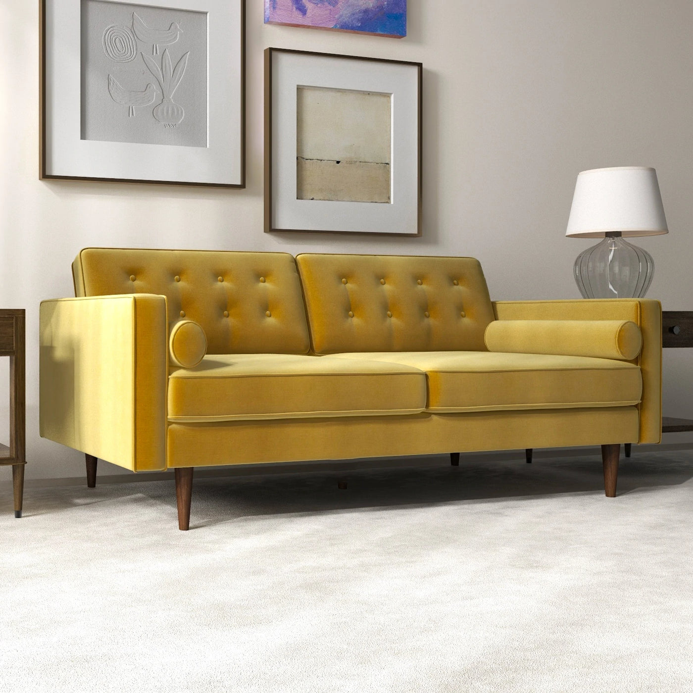 Mid-Century Modern Pillow Back Velvet Upholstered Loveseat in Gold ...