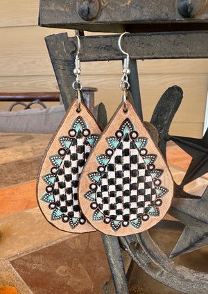 Checker and turquoise tear drop earrings - W Brand Designs