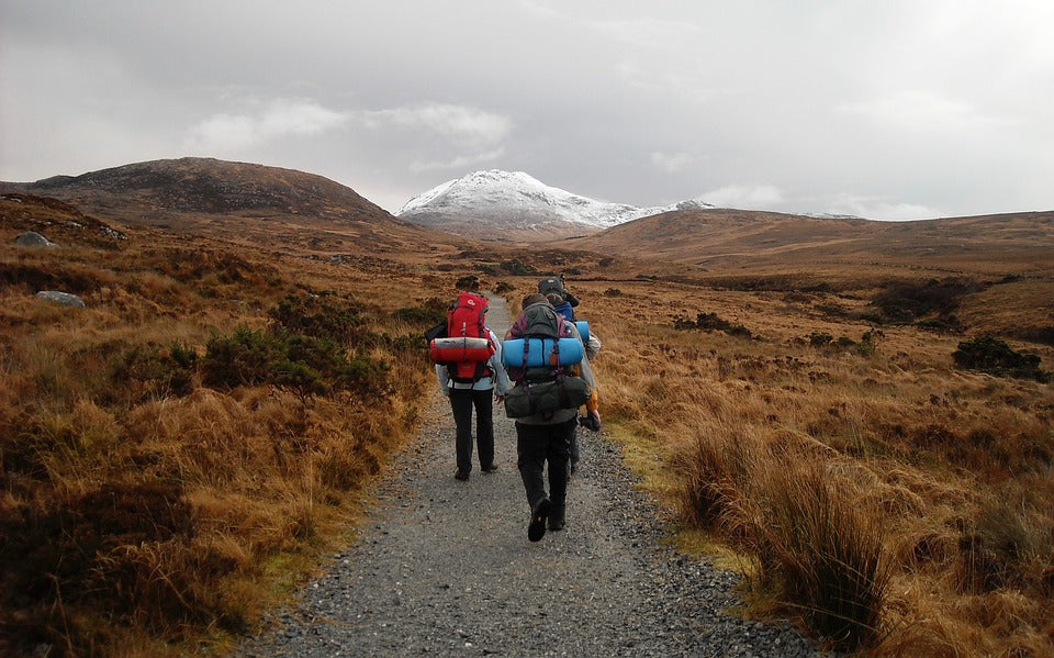 A group of hikers with big backpacks walking towards a mountain