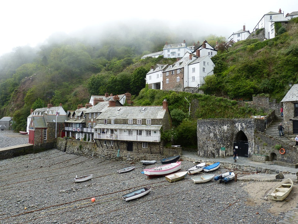 The town of Clovelly in North Devon with fog