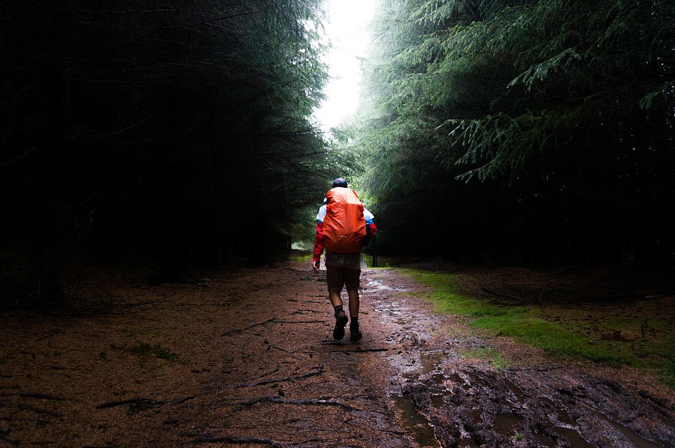 A hiker walking through a muddy forest in the rain