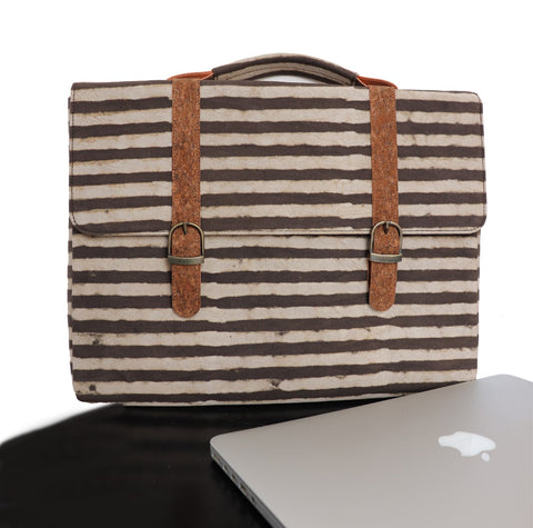 Big Brown Stripes Vegan Leather and Dabu Print Canvas Laptop Sleeve by Kirgiti Designs now available at Trendroots