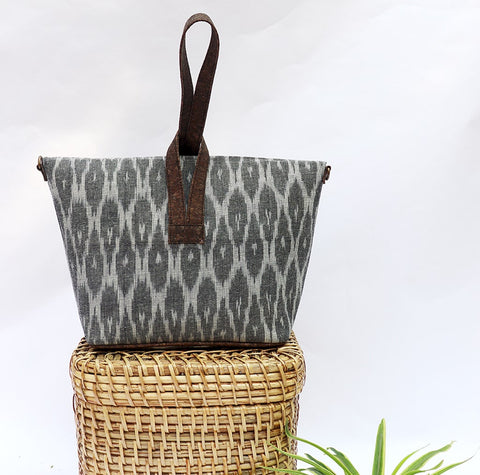 Multi Grey Vegan Leather and Ikat Weave Convertible Sling Bag by Kirgiti Designs now available at Trendroots