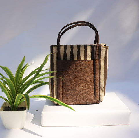 Big Brown Stripes Vegan Leather and Canvas Hand Bag cum Sling by Kirgiti Designs now available at Trendroots