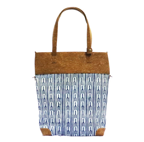 Indigo Fork Vegan Leather and Dabu Print Canvas Tote Bag cum Sling by Kirgiti Designs now available at Trendroots
