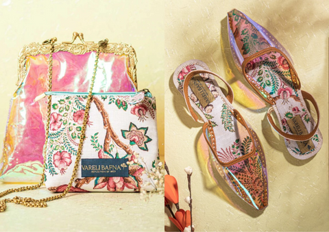 Sama - Shuruq Holographic Printed Sling Back Juttis & Potli Clutch Bag now By Vareli Bafna now available at Trendroots