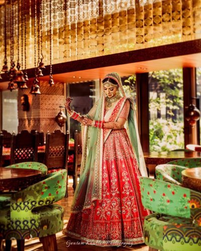 Designer Color Combination of Lehenga Choli with Contrast Colored Bordered  Dupatta at best price in Surat