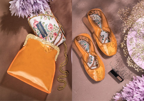 Sama - Zafraan Rust Orange Printed Potli Clutch and Juttis By Vareli Bafna now available at Trendroots