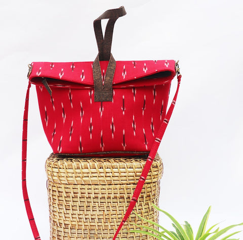Red Vegan Leather and Ikat Weave Convertible Sling Bag by Kirgiti Designs now available at Trendroots