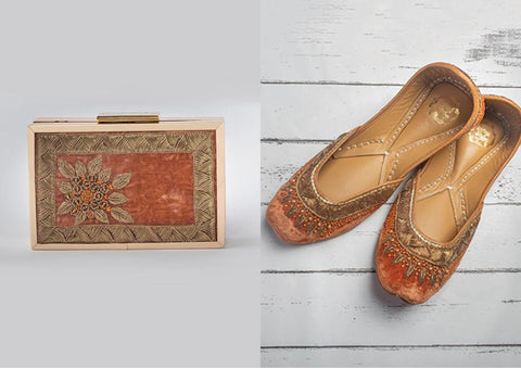 Rust orange embroidered juttis and Box Clutch By Vareli Bafna now available at Trendroots