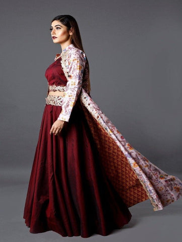 MARSALA RED GOTA EMBROIDERED CROP TOP AND SKIRT WITH OFF WHITE PRINTED JACKET by Ruchira Nangalia now available at Trendroots