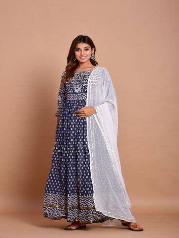 Navy Blue Anarkali Dress With Dupatta Set of 2 by Chokhi Bandhani now available at Trendroots