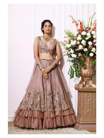 Embroidered ruffled lehenga set by Nitika Kanodia Gupta now available at Trendroots