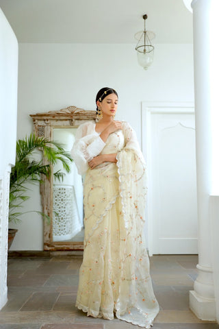 Ivory Hand embroidered Jaal Saree Set (Set of 3) By Aarti Sethia now available at Trendroots