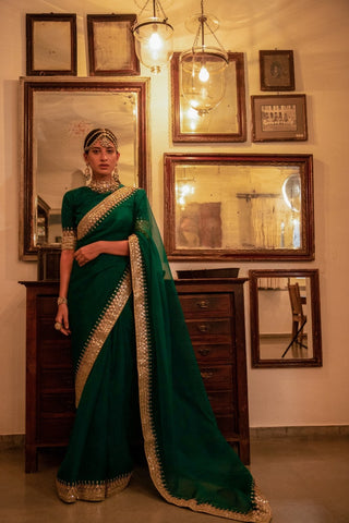 Emerald Green Hand Embroidered Gota Patti Bridal saree Set (Set of 3) By Aarti Sethia now available at Trendroots