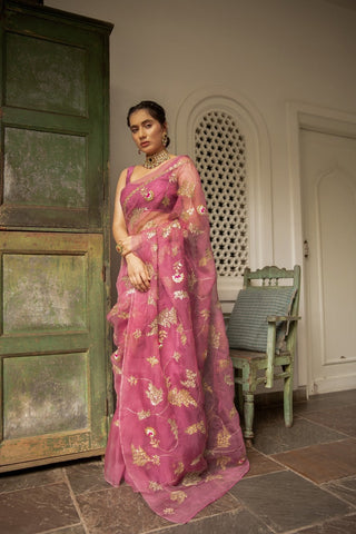 Lilac Hand Embroidered Jaal Saree Set (Set of 3) By Aarti Sethia now available at Trendroots